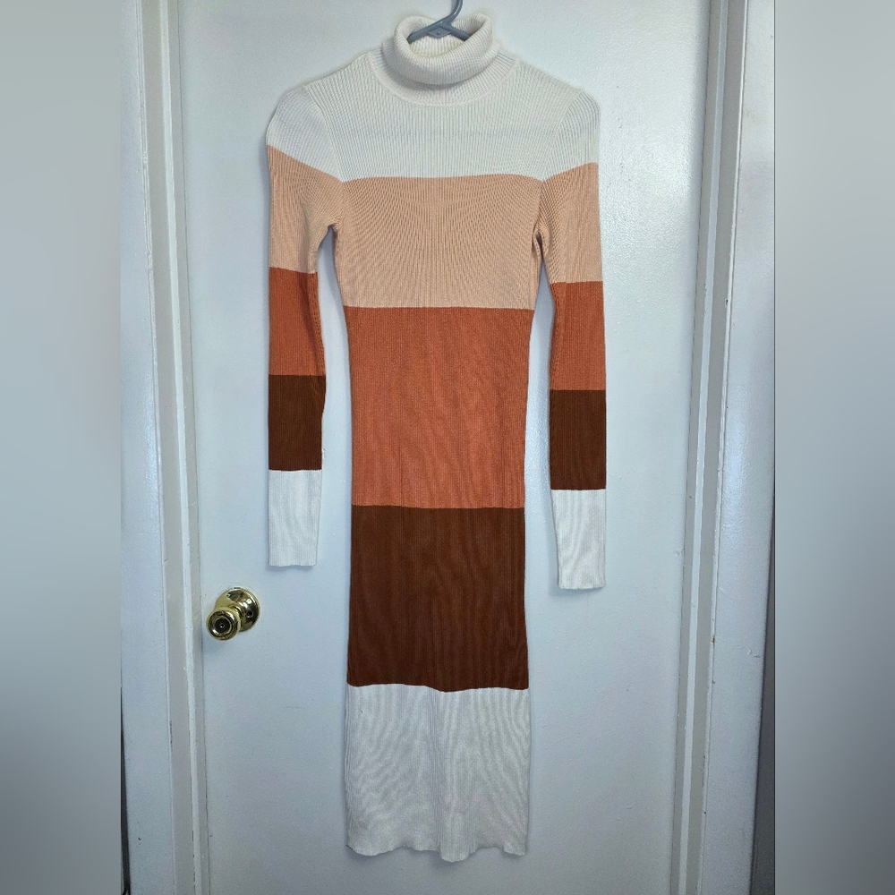 Rocorose Sweater Dress Midi Colorblock Stretch Bodycon Ribbed Knit Turtleneck M - Picture 4 of 15